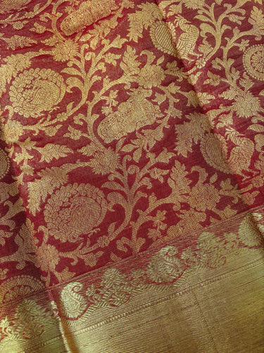 ShopNaya Exclusive | Metallic Brocade Kanchipuram Pure Silk Saree | Red | Pure Gold Zari | Handwoven | Ships from California